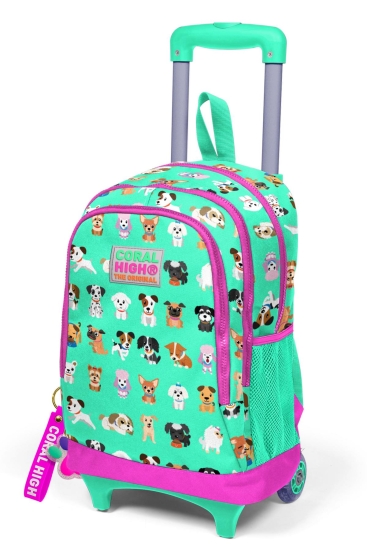 Coral High Kids Su Yeşili Neon Pembe Köpek Desenli Üç Bölmeli Çekçekli Okul Sırt Çantası 23362 - 5