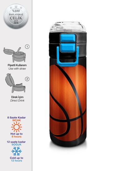 Coral High Kids Siyah Basketbol Desenli Pipetli ve Direkt İçim Çelik Termos 500 ml 31795 - Coral High KIDS