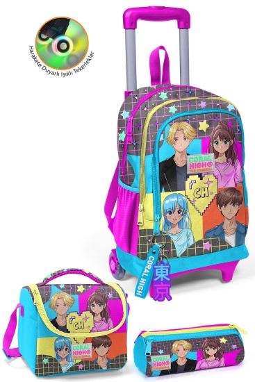 Coral High Gri Mavi Pembe Anime Desenli Çekçekli 3'lü Çanta Seti SET0123937 - Coral High KIDS