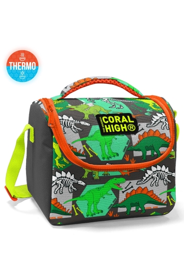 Coral High Kids Gri Yeşil Dinozor Desenli Thermo Beslenme Çantası 11832 - Coral High KIDS