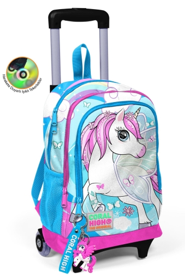 Coral High Kids Mavi Neon Pembe Unicorn Desenli Üç Bölmeli Çekçekli Okul Sırt Çantası 23911 - Coral High KIDS