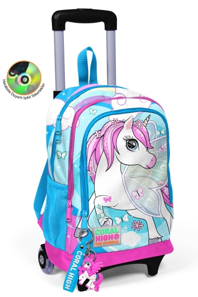 Coral High Kids Mavi Neon Pembe Unicorn Desenli Üç Bölmeli Çekçekli Okul Sırt Çantası 23911 - 1