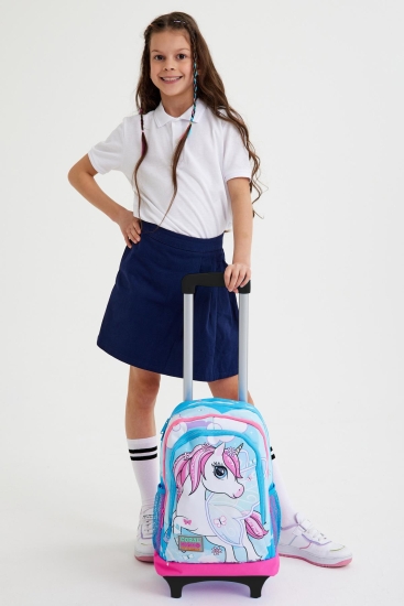 Coral High Kids Mavi Neon Pembe Unicorn Desenli Üç Bölmeli Çekçekli Okul Sırt Çantası 23911 - 2