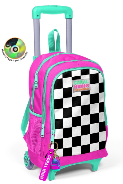 Coral High Kids Neon Pembe Dama Desenli Üç Bölmeli Çekçekli Okul Sırt Çantası 23901 - 1