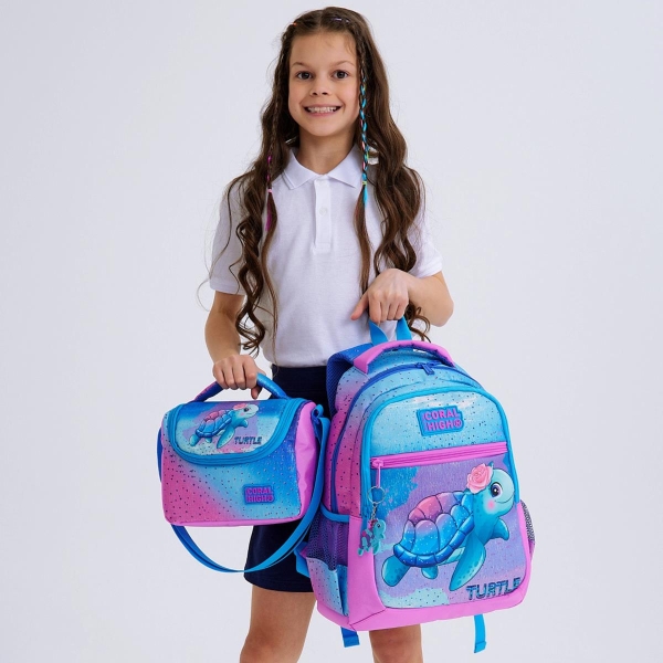 Coral High Kids Açık Pembe Mavi Kaplumbağa Desenli 3’lü Okul Çanta Seti SET0123497 - 2