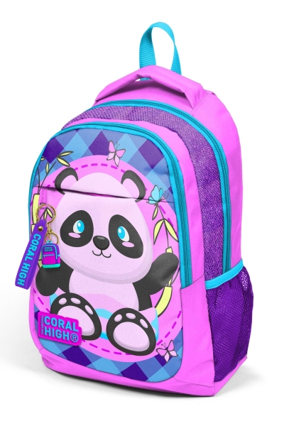 Coral High Kids Açık Pembe Mor Simli Panda Desenli Üç Bölmeli Okul Sırt Çantası 14384 - 5