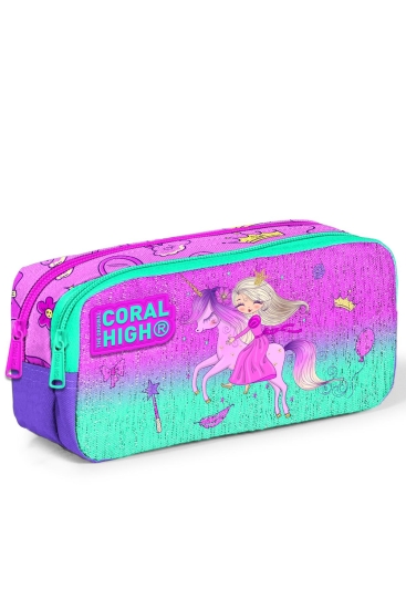 Coral High Kids Açık Pembe Mor Unicornlu Prenses Desenli İki Bölmeli Kalem Çantası 12054 