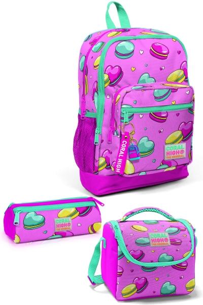 Coral High Kids Açık Pembe Su Yeşili Makaron Desenli 3’lü Okul Çanta Seti SET0123462 - 1