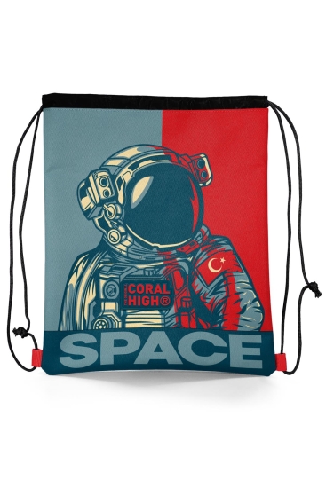 Coral High Kids Çivit Kırmızı Astronot Desenli İpli Büzgülü Sırt Çantası 22488 - Coral High KIDS