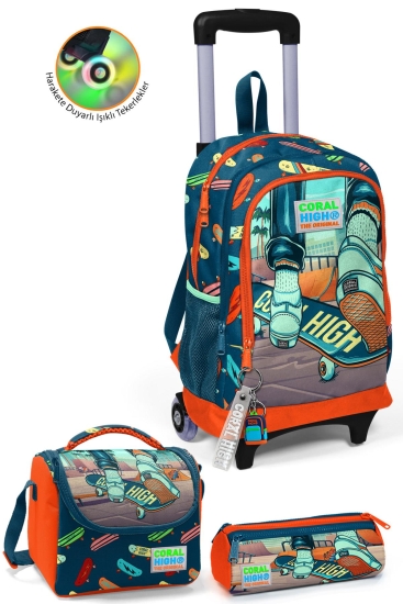 Coral High Kids Çivit Neon Turuncu Kaykay Desenli Çekçekli 3'lü Çanta Seti SET0123923 - Coral High KIDS