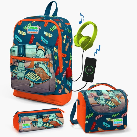 Coral High Kids Çivit Neon Turuncu Kaykay Desenli USB Girişli 3’lü Okul Çanta Seti SET0123823 - Coral High KIDS