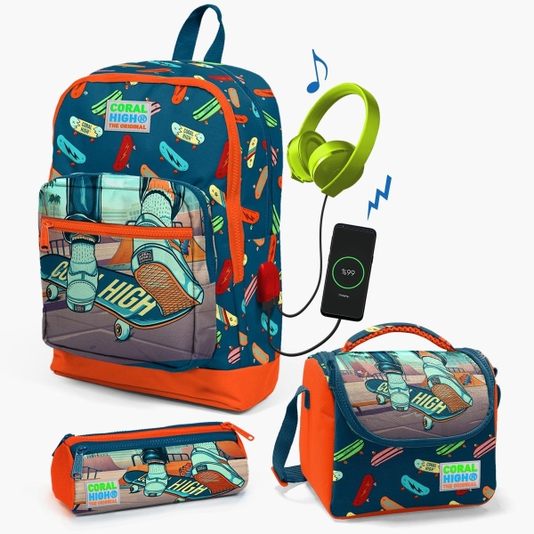 Coral High Kids Çivit Neon Turuncu Kaykay Desenli USB Girişli 3’lü Okul Çanta Seti SET0123823 - 1