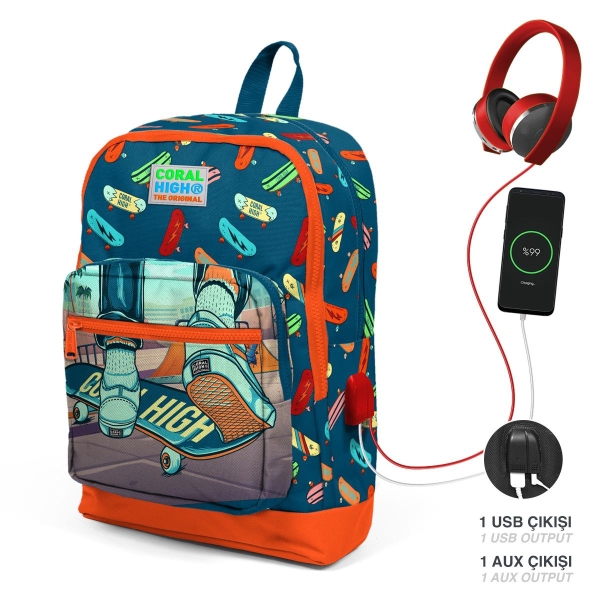 Coral High Kids Çivit Neon Turuncu Kaykay Desenli USB Girişli 3’lü Okul Çanta Seti SET0123823 - 2