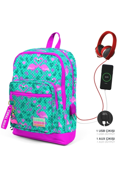 Coral High Kids Su Yeşili Pembe Flamingo Desenli Dört Bölmeli USB'li Okul Sırt Çantası 23812 - 1