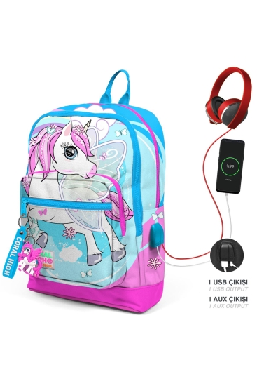 Coral High Kids Mavi Neon Pembe Unicorn Desenli Dört Bölmeli USB'li Okul Sırt Çantası 23811 