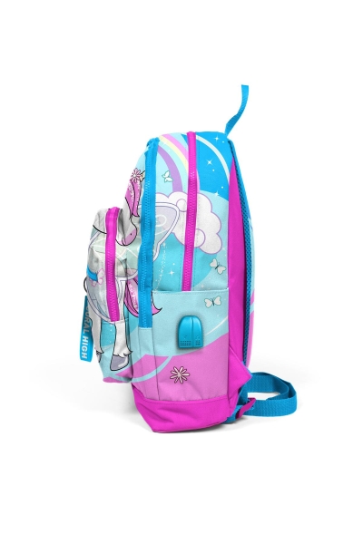 Coral High Kids Mavi Neon Pembe Unicorn Desenli Dört Bölmeli USB'li Okul Sırt Çantası 23811 - 2