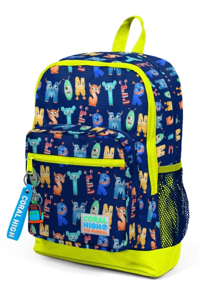 Coral High Kids Lacivert Neon Sarı Monster Desenli Dört Bölmeli Okul Sırt Çantası 23726 - 7