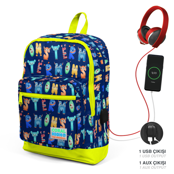 Coral High Kids Lacivert Neon Sarı Monster Desenli Dört Bölmeli USB'li Okul Sırt Çantası 23826 - 1