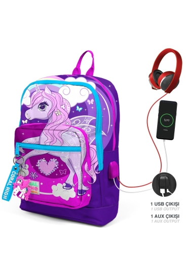 Coral High Kids Mor Pembe Unicorn Desenli Dört Bölmeli USB'li Okul Sırt Çantası 23808 - Coral High KIDS