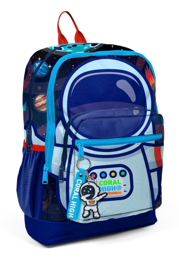 Coral High Kids Saks Mavi Astronot Desenli Dört Bölmeli Okul Sırt Çantası 23724 - Coral High KIDS