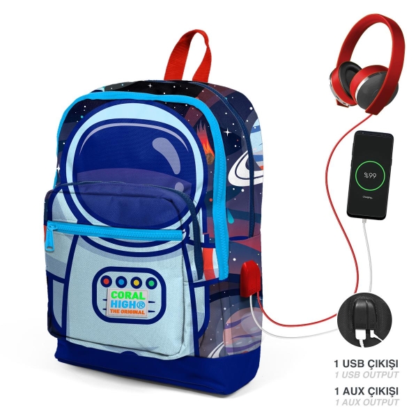 Coral High Kids Saks Mavi Astronot Desenli Dört Bölmeli USB'li Okul Sırt Çantası 23824 - 1