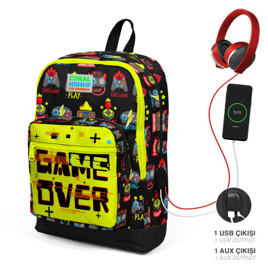 Coral High Kids Siyah Neon Sarı Game Over Desenli Dört Bölmeli USB'li Okul Sırt Çantası 23828 