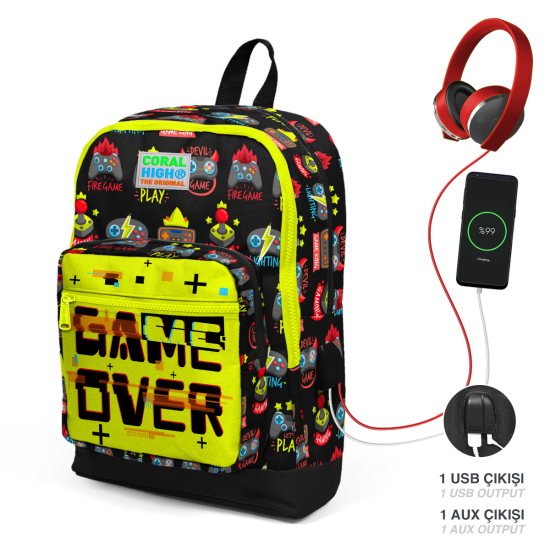 Coral High Kids Siyah Neon Sarı Game Over Desenli Dört Bölmeli USB'li Okul Sırt Çantası 23828 - Coral High KIDS