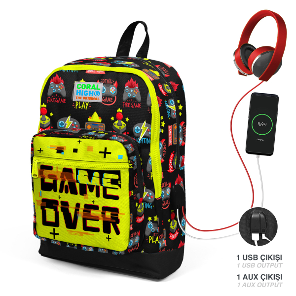 Coral High Kids Siyah Neon Sarı Game Over Desenli Dört Bölmeli USB'li Okul Sırt Çantası 23828 - 1