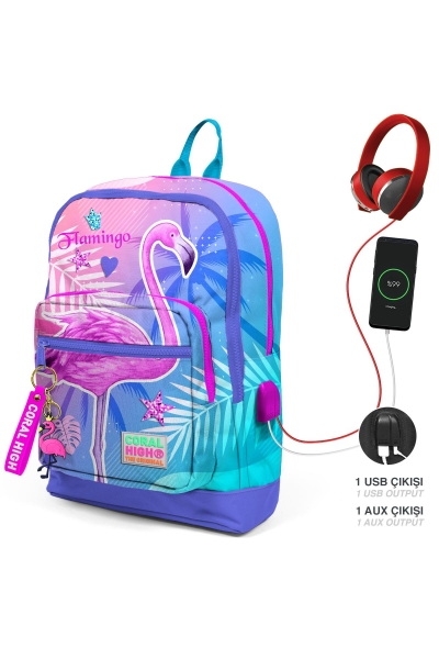 Coral High Kids Lavanta Pembe Flamingo Desenli Dört Bölmeli USB'li Okul Sırt Çantası 23805 - 1