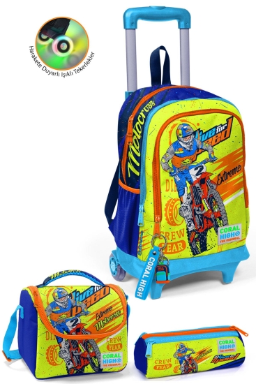 Coral High Kids Fosforlu Sarı Saks Motorsiklet Desenli Çekçekli 3'lü Çanta Seti SET0123942 - Coral High KIDS