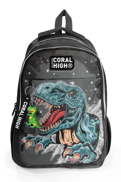 Coral High Kids Koyu Gri Siyah Dinozor Desenli Üç Bölmeli Okul Sırt Çantası 14386 - 7