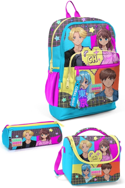 Coral High Kids Gri Mavi Pembe Anime Desenli 3’lü Okul Çanta Seti SET0123737 - 1