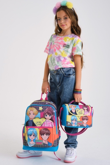 Coral High Kids Gri Mavi Pembe Anime Desenli 3’lü Okul Çanta Seti SET0123737 - 2