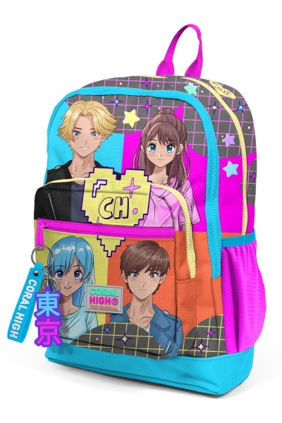 Coral High Kids Gri Mavi Pembe Anime Desenli Dört Bölmeli Okul Sırt Çantası 23737 - 8