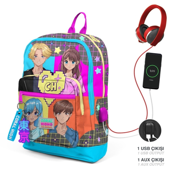 Coral High Kids Gri Mavi Pembe Anime Desenli Dört Bölmeli USB'li Okul Sırt Çantası 23837 - Coral High KIDS