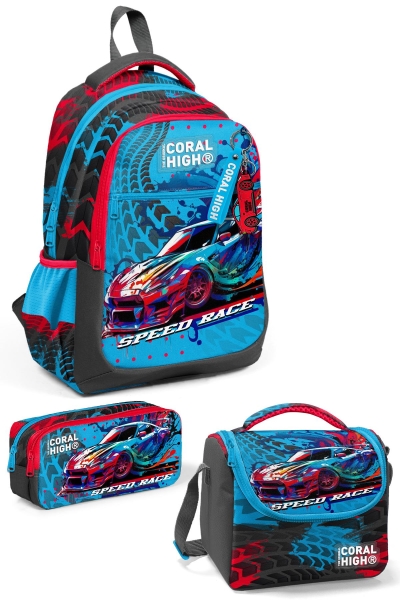 Coral High Kids Gri Mavi Yarış Arabası Desenli 3’lü Okul Çanta Seti SET0123652 - 1