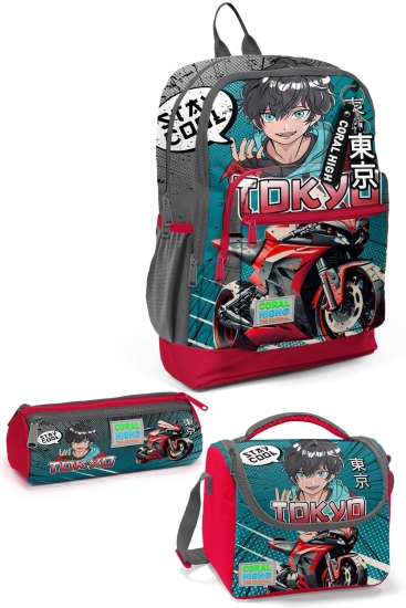 Coral High Kids Gri Nefti Anime Motorsiklet Desenli 3’lü Okul Çanta Seti SET0123764 