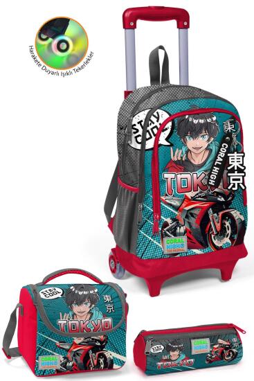 Coral High Kids Gri Nefti Anime Motorsiklet Desenli Üç Bölmeli Çekçekli 3'lü Çanta Seti SET0123964 