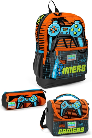 Coral High Kids Gri Turuncu Gamer Desenli 3’lü Okul Çanta Seti SET0123746 - Coral High