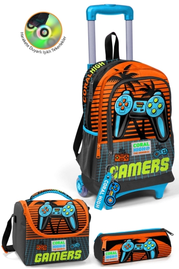 Coral High Kids Gri Turuncu Gamer Desenli Çekçekli 3'lü Çanta Seti SET0123946 - Coral High KIDS