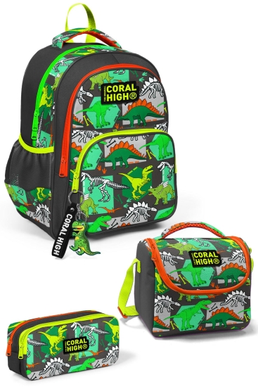 Coral High Kids Gri Yeşil Dinozor Desenli 3'lü Okul Çanta Seti SET0114419 - Coral High KIDS