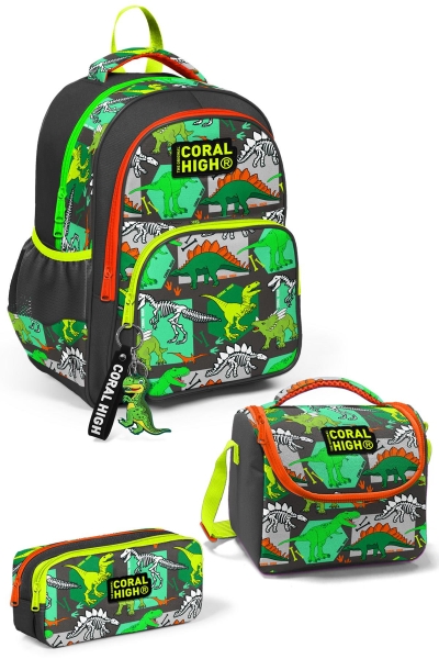 Coral High Kids Gri Yeşil Dinozor Desenli 3'lü Okul Çanta Seti SET0114419 - 1