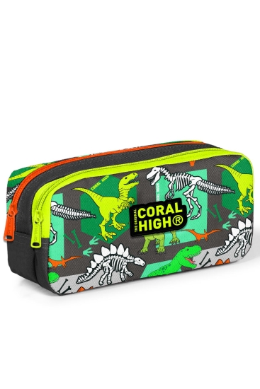 Coral High Kids Gri Yeşil Dinozor Desenli İki Bölmeli Kalem Çantası 22165 