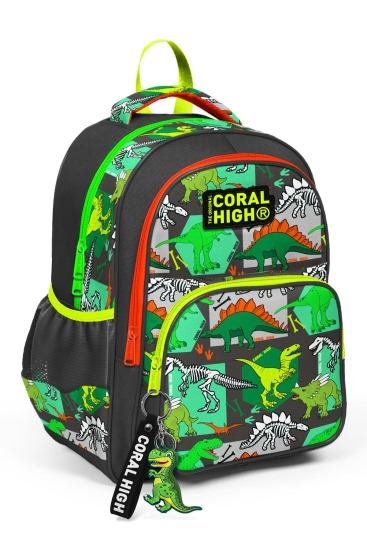 Coral High Kids Gri Yeşil Dinozor Desenli Üç Bölmeli Okul Sırt Çantası 14419 - Coral High KIDS