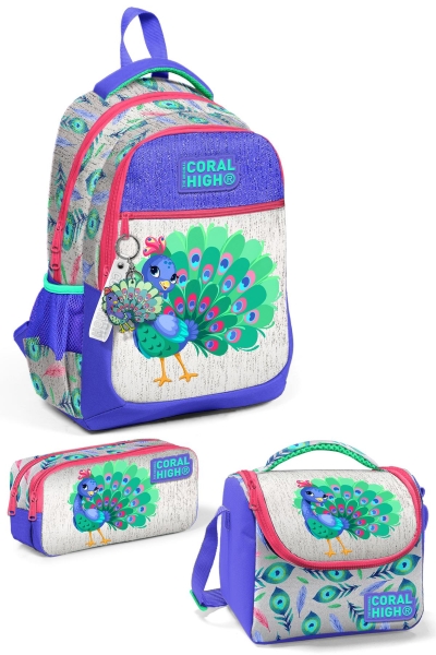 Coral High Kids Gümüş Lavanta Tavus Kuşu Desenli 3’lü Okul Çanta Seti SET0123488 - 1