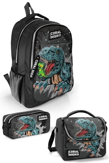 Coral High Kids Koyu Gri Siyah Dinozor Desenli 3’lü Okul Çanta Seti SET0114386 