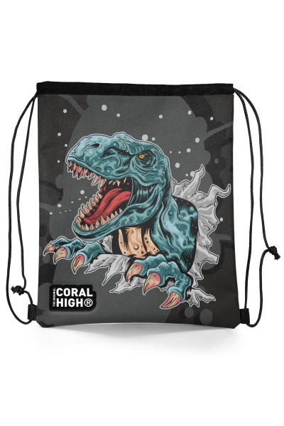 Coral High Kids Koyu Gri Siyah Dinozor Desenli İpli Büzgülü Sırt Çantası 22485 - 1