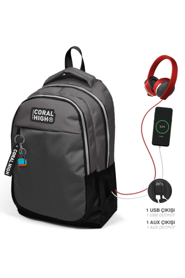 Coral High Kids Koyu Gri Siyah Üç Bölmeli USB'li Okul Sırt Çantası 24307 