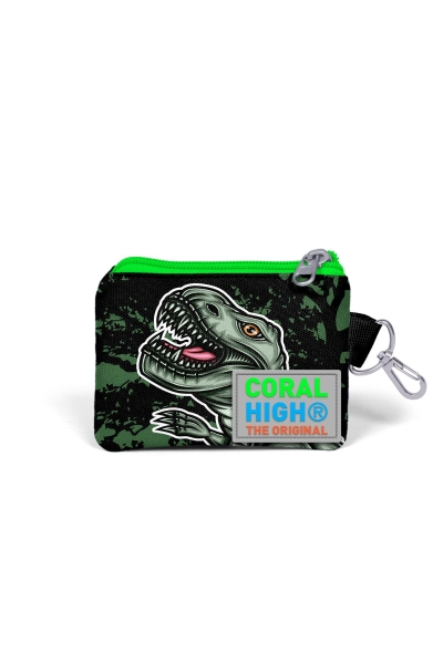 Coral High Kids Koyu Yeşil Siyah Dinozor Desenli Bozuk Para Çantası 21825 - 2