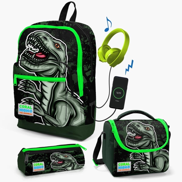 Coral High Kids Koyu Yeşil Siyah Dinozor Desenli USB'li 3’lü Okul Çanta Seti SET0123825 - 1